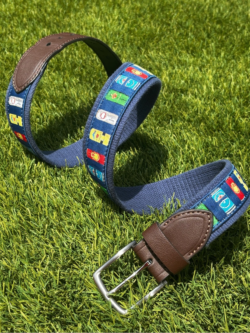 Navy canvas Belt with with drink embroidery Brown Leather Trim